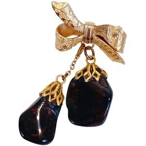 Vintage Mid Century Textured Gold Tone Bow Brooch With Dark Stone Dangles Pin